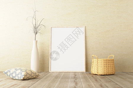 竖立在室内起居室木地板上 用干燥的植物 编织的篮子和枕头站在混凝土墙底壁上背景图片