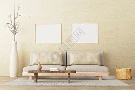 腰椎痛海报模版两张横向海报 以中性风格的室内客厅为模版 沙发低 陶瓷壶 侧桌 篮子和空混凝土壁底本书籍背景