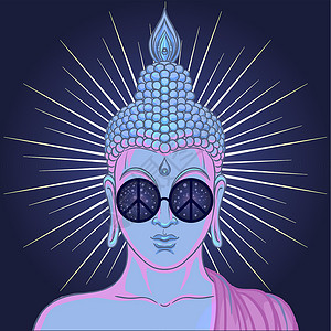 和平与爱 戴着彩虹眼镜的五颜六色的佛陀在耳机里听着音乐 矢量图 太阳镜上的嬉皮和平标志 迷幻的概念 佛教 恍惚音乐打碟机冥想插图背景图片