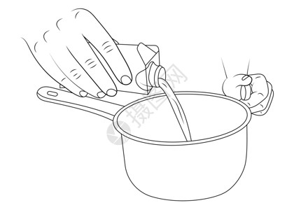 手盆将牛奶浸入一个酱盆 手拿一盒牛奶 矢量素描插图插画