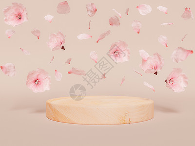 木平台露出落花樱花产品展示的木木圆柱背景