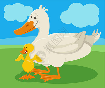 儿童秀场快乐的卡通漫画鸭养鸭场动物角色与鸭子插画