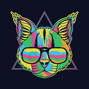 三角形猫素材带眼镜的彩色 Caracal 色彩多彩的矢量插图插画