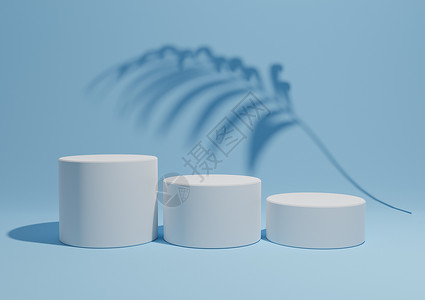 光亮 浅天空蓝色 3D化成简单 最起码的产品显示布质背景 在自然产品背景中有三个讲台或摊台和棕榈叶阴影背景图片
