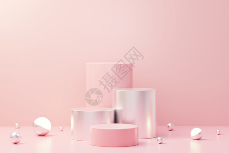 立体银粉色舞台3d 渲染抽象显示平台平台 用于产品展示和广告 简洁设计的最小场景背景 用于模拟的空置基座 具有柔和色彩的空舞台 用于化妆品陈列背景