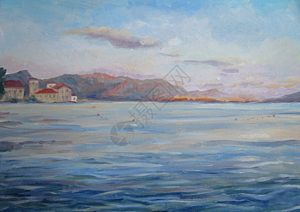 夏季克罗地亚海岸的油画插图 克罗地亚高清图片