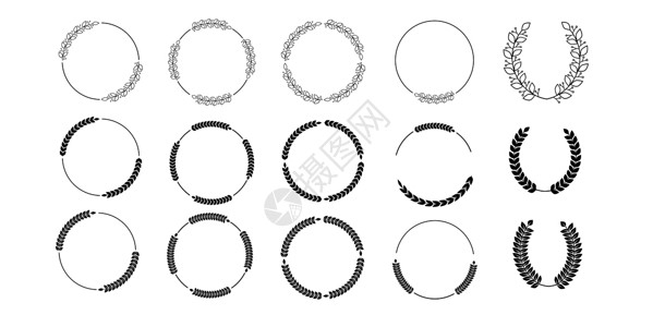 一组黑色和白色的双周圆环叶和橡树花圈 描述一个奖项 成就 预言 贵族 矢量插图图片