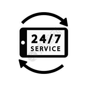 功效图标24 7 服务每周 7 天 每天 24 小时开放图标 商店支持标志符号标志按钮 插画家形象 孤立在白色背景上背景