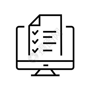 电脑装机清单矢量计算机和清单图标 在线调查 带复选标记的申请表 任务列表 现代符号 线性象形图 轮廓符号 简单的细线图标插画