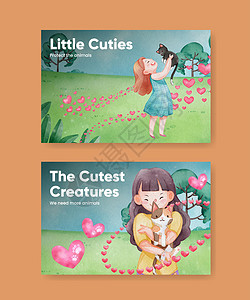 小女孩求抱抱配有可爱狗和猫抱抱概念 水彩风格的Facebook模板男人营销朋友社交宠物女性活动犬类女孩拥抱插画