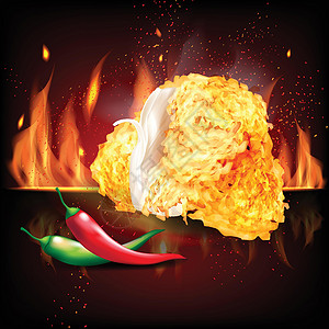 辣椒薯条在红黑火上烤炸鸡部分 红色和绿色辣椒 3D现实矢量说明烧烤面粉午餐餐厅菜单寒冷鸡腿广告油炸包装插画