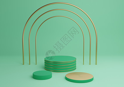 圆盘三角锥明亮的绿松石绿色 3D 渲染简单的产品展示圆筒讲台与豪华金拱和线条三站最小背景抽象组合背景