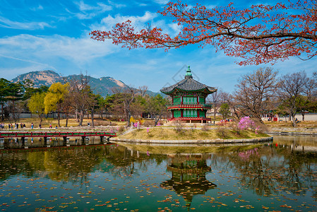 人工岛南朝鲜首尔庆博京贡宫香原江朝馆天空吸引力旅行旅游地标宝塔建筑学凉亭人工湖池塘背景