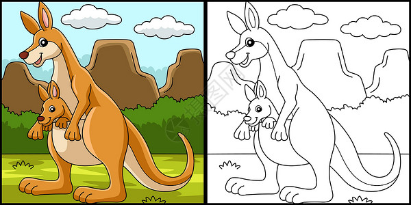 宝宝涂色素材带婴儿涂色的袋鼠式袋鼠(Kangaroo)页面说明插画