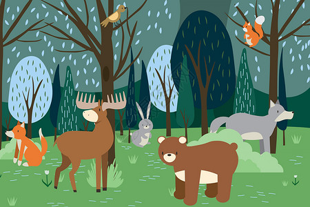 珠海野狸岛Cartoon森林动物 野熊 滑稽松鼠和可爱的鸟儿在林树上 儿童病媒背景说明EPS插画