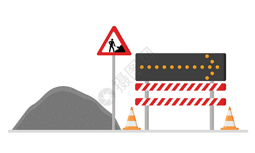 锥形围栏道路工程 维修 安装围栏 绕道指示器 警告路标等插画