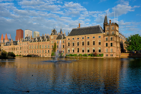 Hofvijver湖和Binnenhof 海牙天鹅池塘建筑学风景天空市中心城堡旅游经济联盟背景