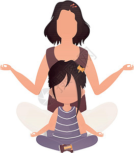 女孩亲母亲母亲和女儿坐在莲花的位置 卡通风格 孤立于白色背景 前一插图设计图片