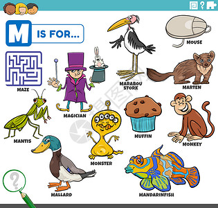 带有卡通人物的教学用文字 m英语字母魔术师工作簿幼儿园螳螂鳜鱼语言插图卡通片设计图片