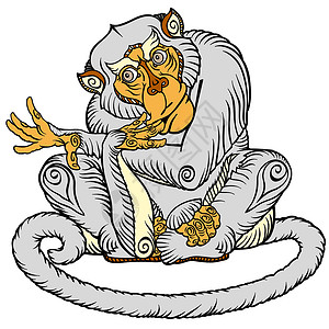 一只聪明的猴子 坐着摆姿势动物风水猕猴新年卡通野生动物插图灵长类背景图片