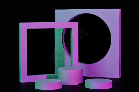 三维中国风边框紫圆柱形平台和黑色底底的垂直边框背景