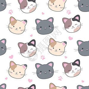 白色背景矢量插图中的猫和心的无缝模式横幅纺织品乐趣粉色国际动物墙纸宠物卡通片织物背景图片