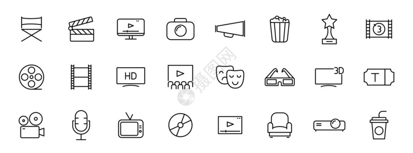 电视ui电影和电影大纲矢量图标隔离在白色 用于 web 和 ui 设计 移动应用程序和印刷产品的电影图标集设计图片