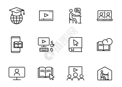 设计教程学习线矢量图标隔离在白色 用于网络和 UI 设计 移动应用程序 印刷和商业促销广告的电子学习图标插画