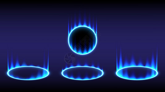 火焰燃烧效果发光的 HUD 中的科幻高科技舞台集合 科学未来主义的全息图门户旋流光 奇幻游戏中的魔法传送门 圆形传送讲台 蓝色火焰虚拟现实用插画
