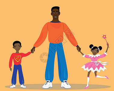 牵父母的手快乐的非洲爸爸带着孩子 快乐的爸爸牵着他快乐的孩子 女儿和儿子的手 爸爸带他们去了游乐园插画