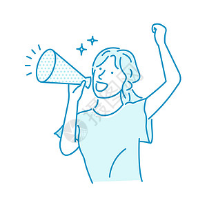 韩国公告素材一位年轻妇女用扩音器大喊大叫的矢量插图快乐示范公告说话广告罢工演讲讲话体积女士插画
