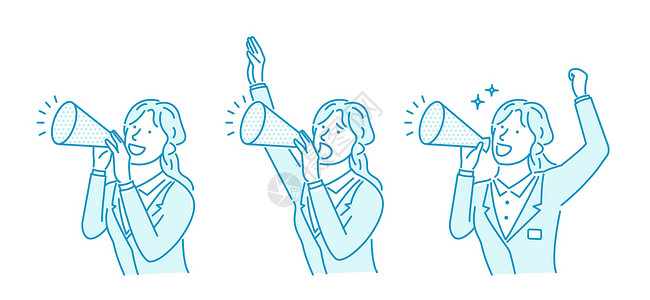 韩国公告素材一位年轻商业女青年用扩音器大声呼声的矢量插图女士公告工人体积讲话喇叭广播示范广告活动家插画