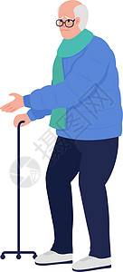 失独老人空巢老人有三脚手走棍的可悲老人半平板彩色向量字符寂寞难民动画片病人插图男人退休男性成人三脚架设计图片
