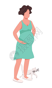 孕妇宠物具有猫咪半平板彩色向量特性的孕妇成人女孩怀孕女性动画片插图母亲衣服肚子母性插画