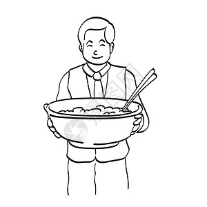 拿着筷子的手男性亚洲服务员拿着一碗大碗面 用白色背景线艺术脱落的显示矢量手插画
