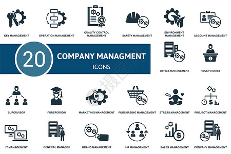 公司管理设置图标 包含运营管理 安全管理 账目等公司管理图解合伙商业生长中风图表推介会领导者员工日程团体背景图片