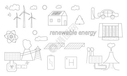 化石能源手工绘制了一套要素 表明如何在性质上使用可再生能源插画