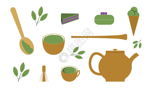 亚洲勺子Matcha 茶礼上有机茶和粉末及工具插画