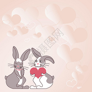 卡了壳素材两只带着心形礼物的兔子 背景是热心的 展示了情侣交换供品 兔子代表带着可爱礼物的热情恋人问候庆典海报家庭婚礼哺乳动物幸福快乐绘画设计图片