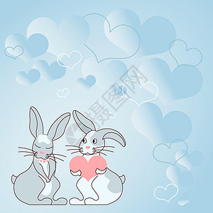 叼着花枝的兔子两只带着心形礼物的兔子 背景是热心的 展示了情侣交换供品 兔子代表带着可爱礼物的热情恋人图形天空季节绘画海报问候庆典农场问候语哺设计图片