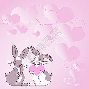 快不行了两只带着心形礼物的兔子 背景是热心的 展示了情侣交换供品 兔子代表带着可爱礼物的热情恋人海报小兔子问候微笑绘画野兔墙纸幸福友谊快插画