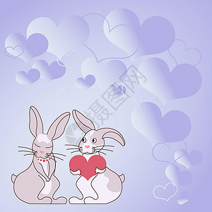 两只小兔子两只带着心形礼物的兔子 背景是热心的 展示了情侣交换供品 兔子代表带着可爱礼物的热情恋人快乐计算机天空卡通片微笑墙纸图形野兔庆典设计图片
