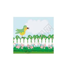 下沉式花园夏季的鸟和鲜花漫画边界插画