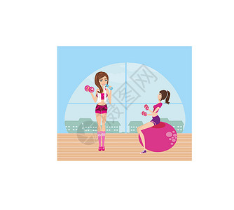 女孩锻炼哑铃女生在体育馆锻炼休息女士女孩们健身房力量运动女性哑铃训练活动设计图片