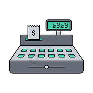 收银台彩色平面插图 白色背景上孤立的笔划 带有价格和支票矢量图标的收银机 用于 web 和 ui 设计 移动应用程序和印刷产品插画