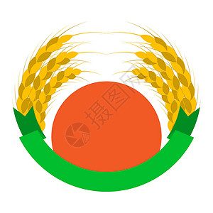 绿色大麦带有太阳和丝带的麦穗标志 圆形 绿色 橙色 金色 黄色 徽章 图标 孤立的矢量图插画