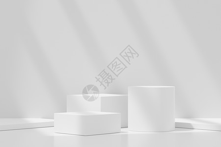 拼合立方体用于产品展示和品牌广告的3个抽象背景白色讲台 带有窗口和屋顶的阴影 模拟空场景化妆品地面奢华大理石几何工作室窗户圆柱包装立方体背景