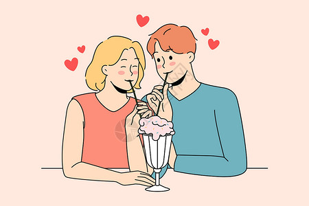 成人约会约会快乐的情侣一起享受奶昔插画