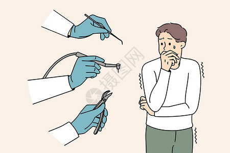 害怕的男子用牙科工具和牙医工具承受着压力背景图片