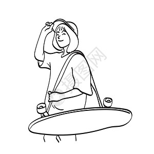 顶着西瓜的女孩半身长的有顶着滑板插图解画手帽的妇女 在白色背景线艺术中被孤立设计图片